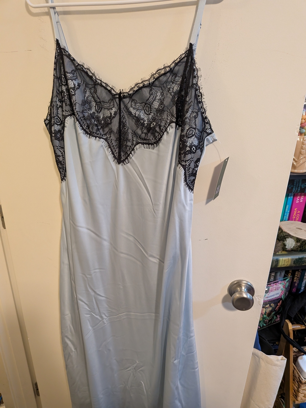 Light Blue Satin Slip Nightgown with Black Lace Trim